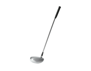 Isolated golf club angled slightly upwards, metallic head and black grip against black