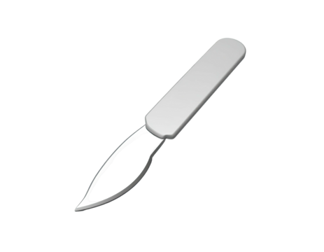 A white surgical scalpel, angled with a curved blade on a black background