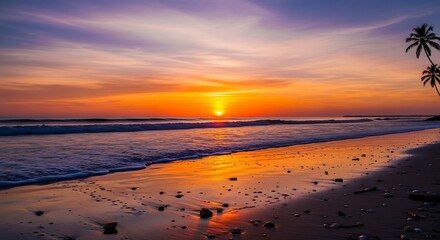 Vibrant tropical sunset over ocean waves and sandy beach with palm trees.