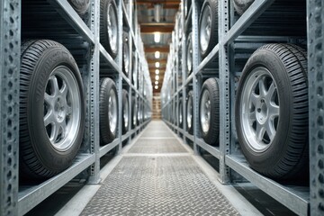 Warehouse aisle with symmetrical metal shelves displaying vehicle tires and shiny rims, on a textured floor.