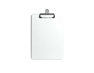 A blank, rectangular clipboard, held in a metal clip, isolated on black