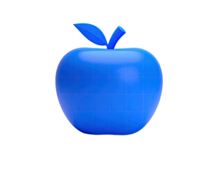3D-rendered, glossy blue apple with leaves, isolated on a black background