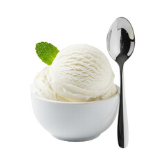 Pristine scoop of dense italian gelato with a fresh mint leaf in an elegant white ceramic bowl, silver spoon beside it, isolated on a transparent background, high-key, macro. Concept of luxury dessert