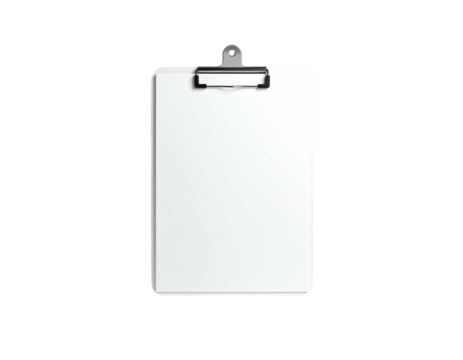 A blank, rectangular clipboard, held in a metal clip, isolated on black