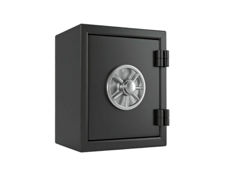 A dark gray, sturdy metal safe with a silver dial and strong hinges