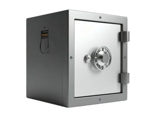 A sturdy metallic cube-shaped vault with a combination dial and heavy door