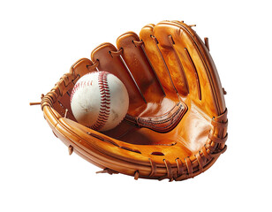 A well-worn baseball glove holds a ball with visible red stitching on a black bg