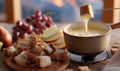 Cozy alpine chalet at sunset. On a hefty wooden table sits a matte cast-iron fondue pot on a small burner stand.