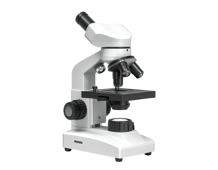 A modern, white, upright microscope with multiple objective lenses