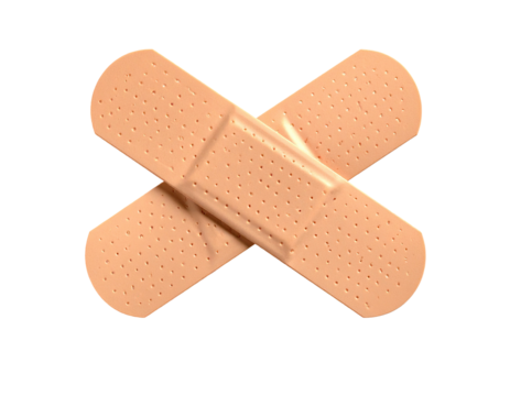Two beige adhesive bandages overlapping in an "X" shape, set against black