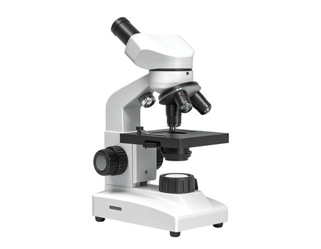 A modern, white, upright microscope with multiple objective lenses
