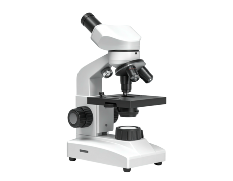 A modern, white, upright microscope with multiple objective lenses
