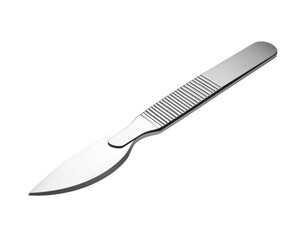 A stainless steel surgical blade rests against a black background