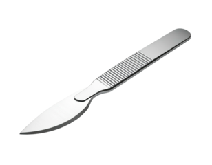 A stainless steel surgical blade rests against a black background
