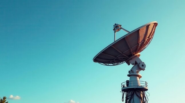 Large parabolic antenna against a vibrant azure sky, a symbol of global communication and technological advancement