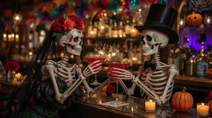 Fototapeta premium A couple of skeleton lovers with cocktails at the bar. A party in honor of Halloween or the Day of the Dead.