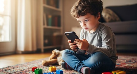 Young Boy Focused on Smartphone Screen at Home.