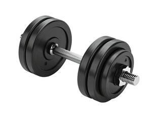 Metallic dumbbell with weight plates on each side, on black background