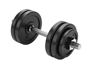 Metallic dumbbell with weight plates on each side, on black background