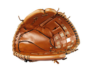 Close-up view of a brown leather baseball glove, isolated on a black background