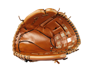 Close-up view of a brown leather baseball glove, isolated on a black background