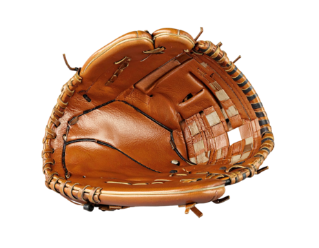 Close-up view of a brown leather baseball glove, isolated on a black background