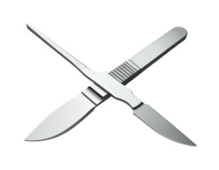 Two silver surgical scalpels, crossed against a black background, highlighting blades