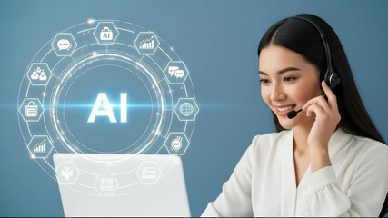 Asian woman wearing a headset and smiling while working on a laptop with an ai interface on a blue background, representing customer service and technology - Powered by Adobe