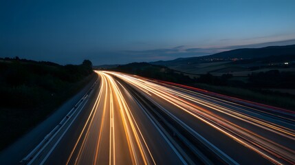 Naklejka premium Captivating long exposure photograph showcases illuminated streaks of light on a highway during twilight hours.