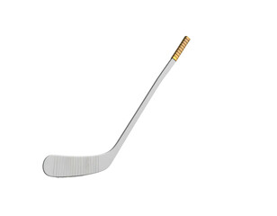 A curved silver hockey stick with a gold grip against a stark black background