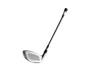 Isolated golf club, sleek silver head with grooves, angled, and a dark backdrop