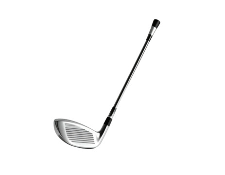 Isolated golf club, sleek silver head with grooves, angled, and a dark backdrop