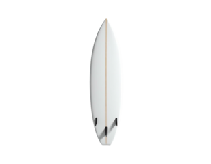A pristine white surfboard, fins down, on a stark black background