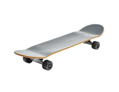 Angled view of a new skateboard with grey grip tape and black wheels