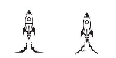 Dynamic Black and White Rocket Launch Icons with Smoke Trails
