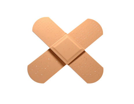 Two bandages in an X formation over a beige central pad, dark background
