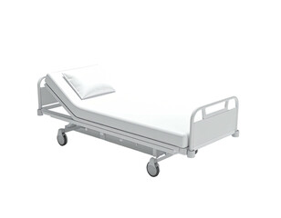 Isolated hospital bed with a white sheet, pillow, and wheeled frame