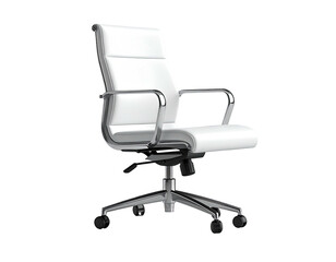 A modern white office chair with chrome accents and a black background