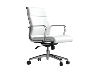 A modern white office chair with chrome accents and a black background