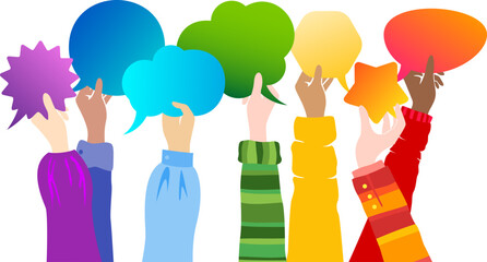 Human hands up and holding speech bubbles. Vector horizontal border with colorful decoration elements.