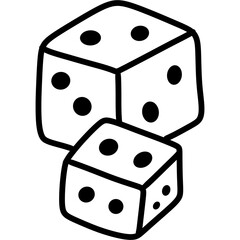 Two black outlined dice with dots showing numbers three and four, simple playful design