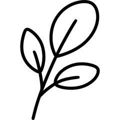 Minimalist black line drawing of branch with three leaves on transparency background