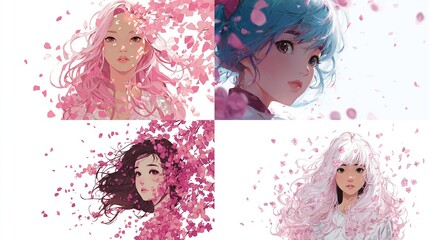 Four anime-styled portraits of women, each with flowing hair and surrounded by pink or white floral elements