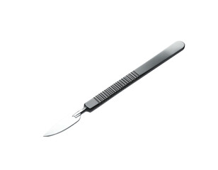Metallic surgical scalpel, sharp blade, on a black background