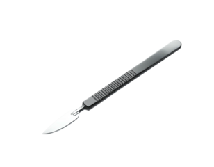 Metallic surgical scalpel, sharp blade, on a black background