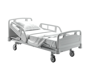 A white hospital bed with adjustable features, clean linens, and wheels, on a dark background
