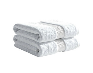 Two neatly folded, fluffy white towels stacked against a transparent background