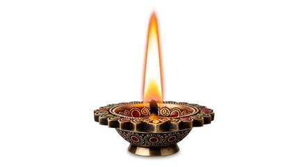 Close-up of a lit diya lamp isolated against a white background.