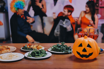 Joyful office Halloween party with coworkers in costumes, celebrating with drinks and laughter, fostering teamwork and festive spirit