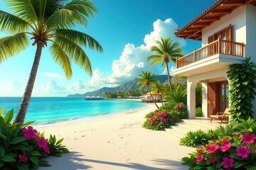 Fototapeta premium Idyllic Tropical Beachfront House with Lush Landscaping and Ocean View